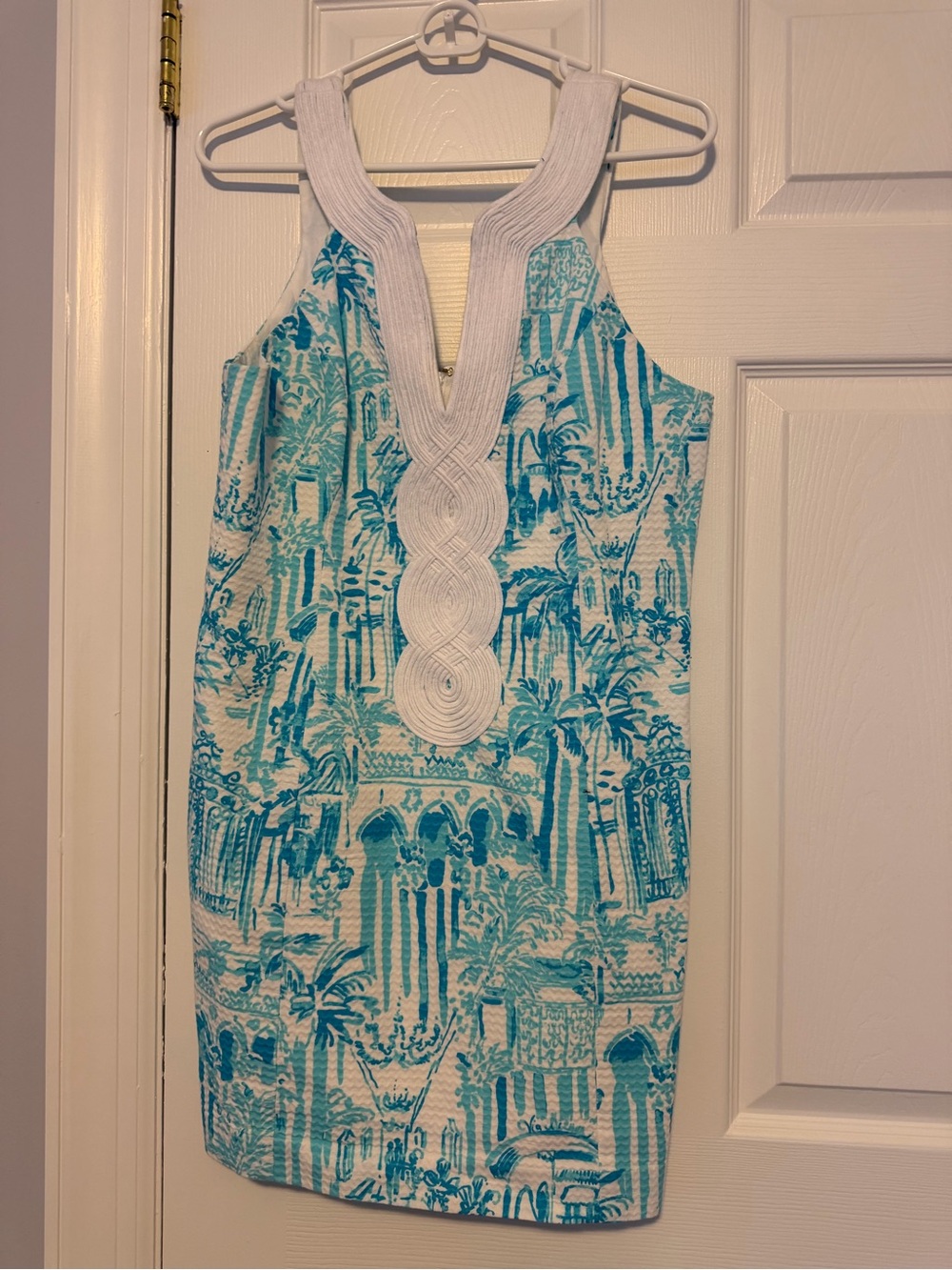 White & Teal Printed Sleeveless Shift Dress